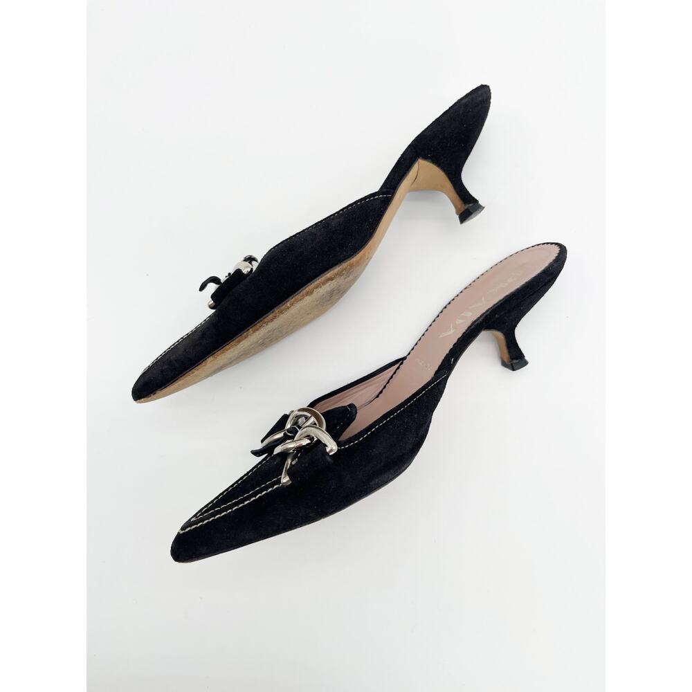 Prada Retro Vintage Y2K Black Suede Chain Pointed Toe Kitten Heel Mules IT 35 - Picture 6 of 11